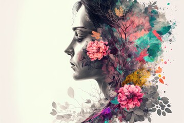 Naklejka na ściany i meble Digital floral art illustration of a woman's profile in double exposure Generative AI