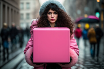 The girl holds in her hands a pink box for women's hygiene. Social project in Poland. generative AI tools - obrazy, fototapety, plakaty