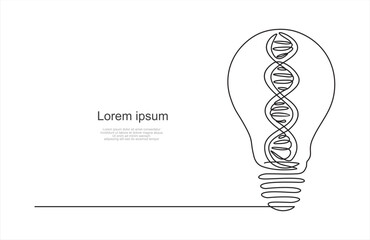 One continuous line drawing of  light bulb idea and DNA inside, Chemistry and science education concept. Can used for logo, emblem, slide show and banner. Illustration with quote template