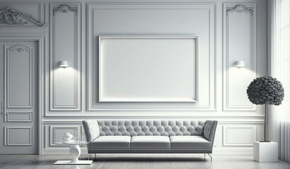 Blank white picture/art frame in a light and modern living room hanging over a big sofa. Mock up template for Design or product placement created using generative AI tools