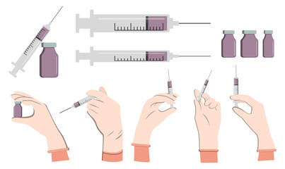 doctor hand wear glove holding syringe with needle shot for injection, vial of medicine with syringe and ampoule with vaccine or medicine. Doctor hands making an injection. Vaccination flu. Vector