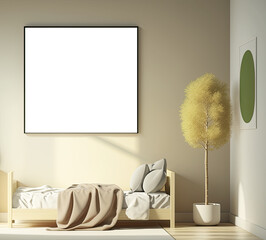 Blank white picture/art frame in a light and modern bedroom/childrens room. Mock up template for Design or product placement created using generative AI tools