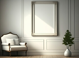Blank white picture/art frame in a light vintage living room. Mock up template for Design or product placement created using generative AI tools