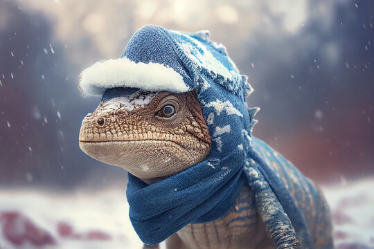 Cute baby dinosaur in a winter hat and scarf on the background of a winter landscape. AI generated.