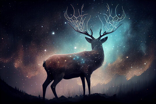 Silhouette of a deer from the fog and stars in the night sky. AI generated