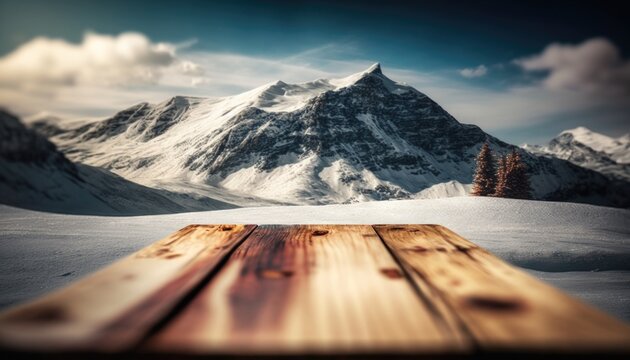A wooden plank is in the snow with a mountain in the background with clouds in the sky mountains a tilt shift photo postminimalism