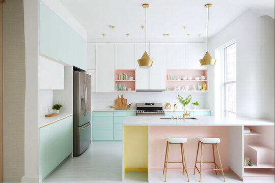 Charming Pastel Color Kitchen: A Delightful and Cheerful Space. Generative AI