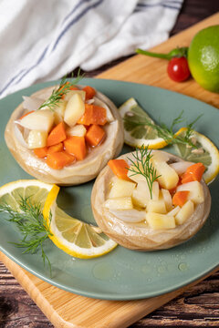 Artichoke dish with olive oil. Turkish cuisine delicacies. Artichoke made with lemon juice, carrots, potatoes, peas, onions, olive oil, sugar and salt. Healthy food. Local name zeytinyağlı enginar