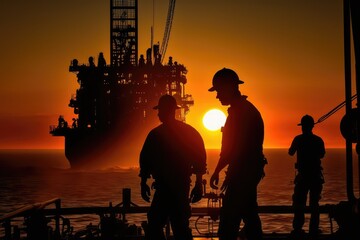 Oil workers in silhouette working, made with generative ai
