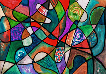 Fototapeta na wymiar watercolor graphic lines and spots of paint of red, blue, green color