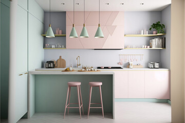Sweet and Subtle Pastel Color Kitchen Design. Generative AI
