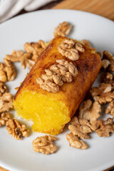 Turkish Dessert Baked Cheese halva or Cheese Halva. Turkish cuisine delicacies. Local name hosmerim or peynir helvası. Close up