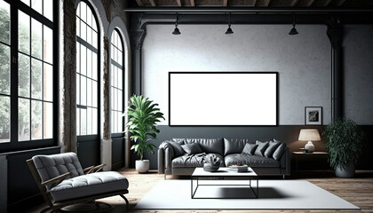 Blank white picture/art frame in a modern loft style living room. Mock up template for Design or product placement created using generative AI tools