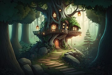 Tree house on the edge of a stone path in a magical forest. Generative AI