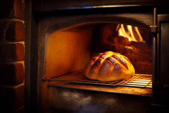 Fresh bread near the oven in the bakery. AI generated