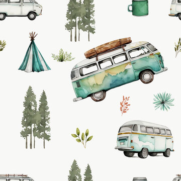 Seamless watercolor camping pattern, with a travel trailer on a light blue background, for printing on fabric, for scrapbooking
