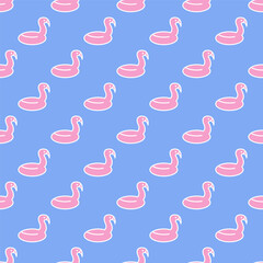 Rubber pink Flamingo. Pool, beach summer toy. Minimalistic icon. Colorful graphic Vector seamless pattern. Cartoon style, simple flat design. Trendy illustration. Blue background. Square wallpaper