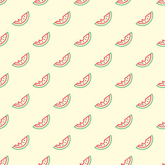 Juicy watermelon. Tasty berry slice. Cut in half. Minimalistic icon. Colorful graphic vector seamless pattern. Cartoon style, simple flat design. Trendy illustration. Equal interval