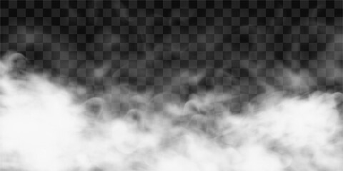 Creeping white fog. Smoke or gas clouds. White cloudiness. Realistic vector illustration isolated on transparent background.