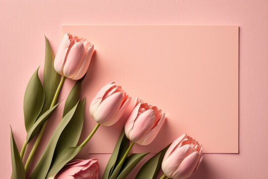 A Pink Background With Pink Tulips And A Card On It With A Green Leaf Soft Colors A Still Life Postminimalism