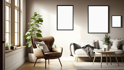 Blank white picture/art frame in a light and modern living room. Mock up template for Design or product placement created using generative AI tools