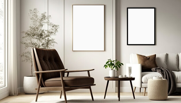 Blank white picture/art frame in a light and modern living room. Mock up template for Design or product placement created using generative AI tools