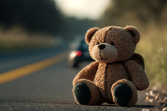 Missing child, child abuse concept. Abandoned cute teddy bear toy sitting on road on asphalt against background of leaving car. Generative AI