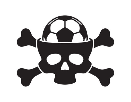 Vector black silhouette skull with crossbones instead of brain soccer ball. Isolated on white background