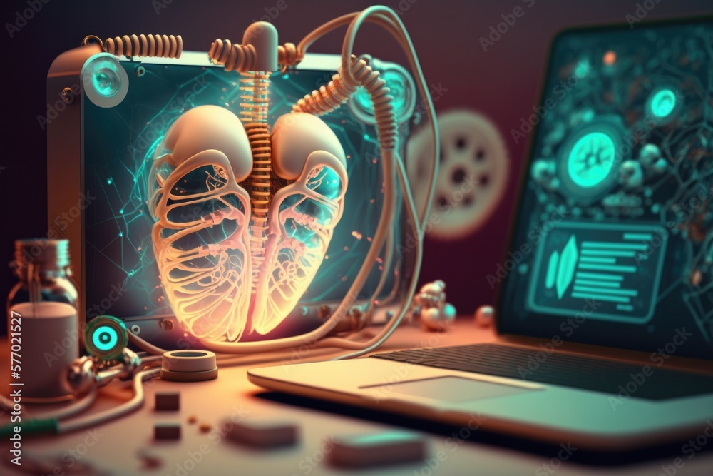Poster a laptop computer sitting on top of a desk next to a computer screen with a human heart biopunk comp