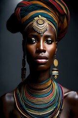 Portrait, african woman of a tribe. Warrior, Tribal. Looking camera. Generative AI. 
