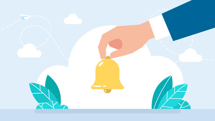 Fototapeta premium Man holding in his hand the bell. A businessman is ringing small bell that he is holding with his fingers. Concept of notification, reminder, call, attention. Call for knowledge. Vector illustration