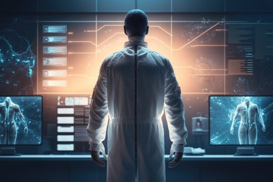 A Man In A Lab Coat Standing In Front Of A Computer Screen With Multiple Screens Cybernetics Computer Graphics Les Automatistes