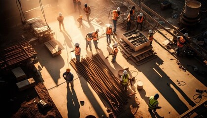 A group of construction workers standing around a building site with a lot of wood on the ground solarpunk a stock photo assemblage - obrazy, fototapety, plakaty