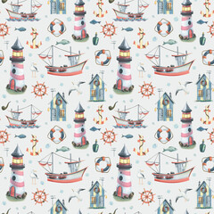 A marine lighthouse with a fishing boat, a lifebuoy, seagulls, an anchor and a steering wheel. Watercolor illustration. Seamless pattern from the SEA FISHING collection. For decoration and design