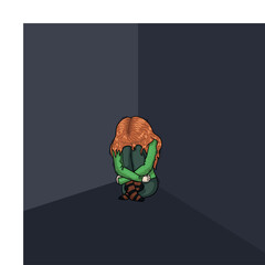 Lonely crying girl in a dark corner