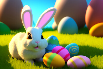 AI Digital Illustration Cartoon Easter Bunny and Eggs