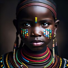 Portrait, african kid baby boy of a tribe. Warrior, Tribal. Looking camera. Generative AI. 