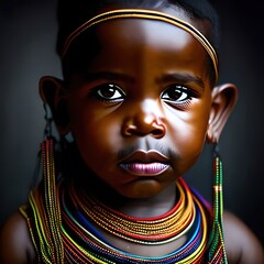 Portrait, african kid baby boy of a tribe. Warrior, Tribal. Looking camera. Generative AI. 