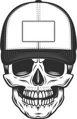 Skull in baseball cap in vintage monochrome style isolated illustration