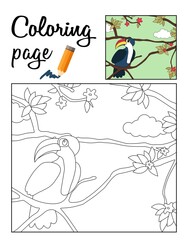 Cute cartoon toucan sitting on a branch. Coloring page