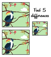 Cute cartoon toucan sitting on a branch. Find 5 differences. With solution.