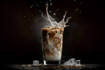 ced coffee with milk and ice against a gray background. - obrazy, fototapety, plakaty