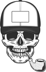 Skull smoking pipe in baseball cap in vintage monochrome style isolated illustration