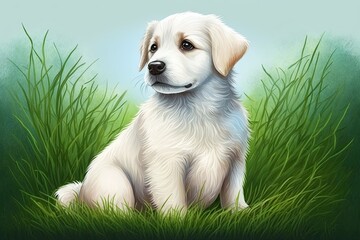 Posing on the green grass, this gorgeous puppy poses for a portrait. Generative AI