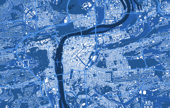 Detailed blue vector map poster of Prague city, linear print map. Skyline urban panorama. Decorative graphic tourist map of Prague territory.