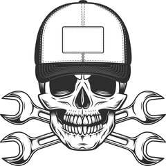 Trucker skull in baseball cap and crossed spanner wrenches from rapair truck vintage monochrome isolated illustration