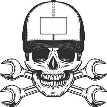 Trucker skull in baseball cap and crossed spanner wrenches from rapair truck vintage monochrome isolated illustration