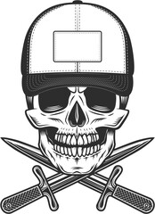 Skull in baseball cap with gangster knife dagger vintage illustration