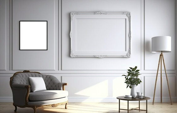 Two blank picture/art frames in a light room with a small sofa. Mock up template for Design or product placement created using generative AI tools