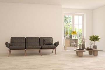 White living room with sofa and summer landscape in window. Scandinavian interior design. 3D illustration